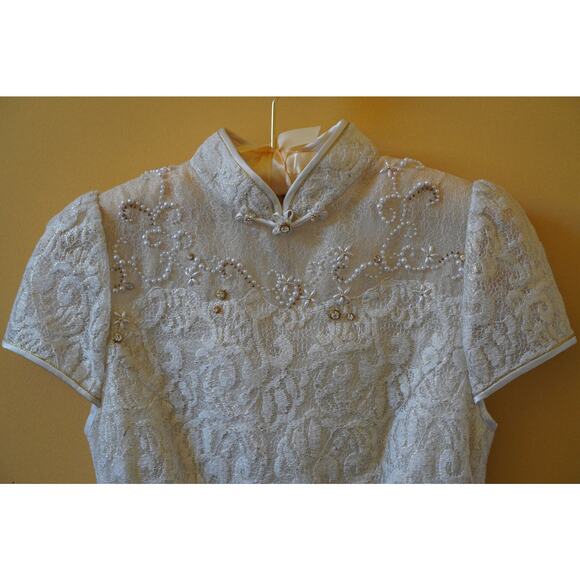 Londee Qipao Embroidered Jacquard Lace Cap Sleeve Collar Dress Ivory Size XS - Picture 6 of 10